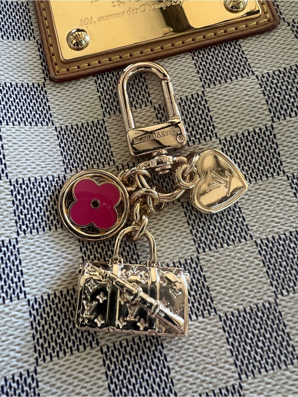 Louis Vuitton Gold-Tone Key & Card Holder Charm with Pink Flower Accent